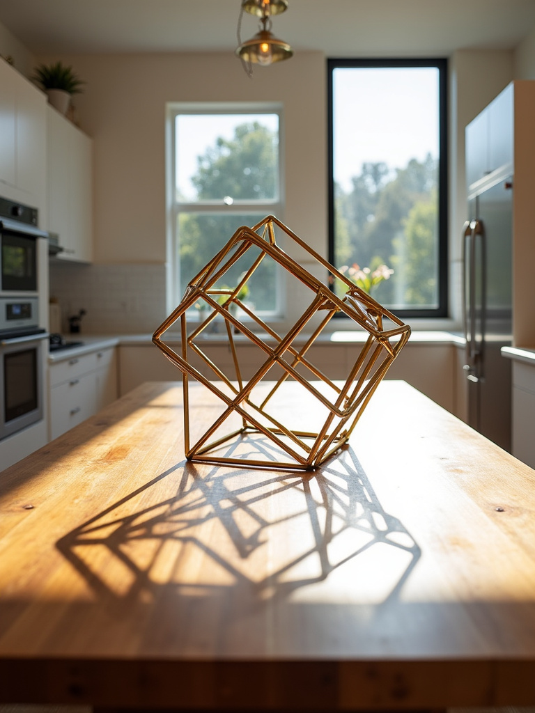 Gold geometric sculpture centerpiece on a modern kitchen table