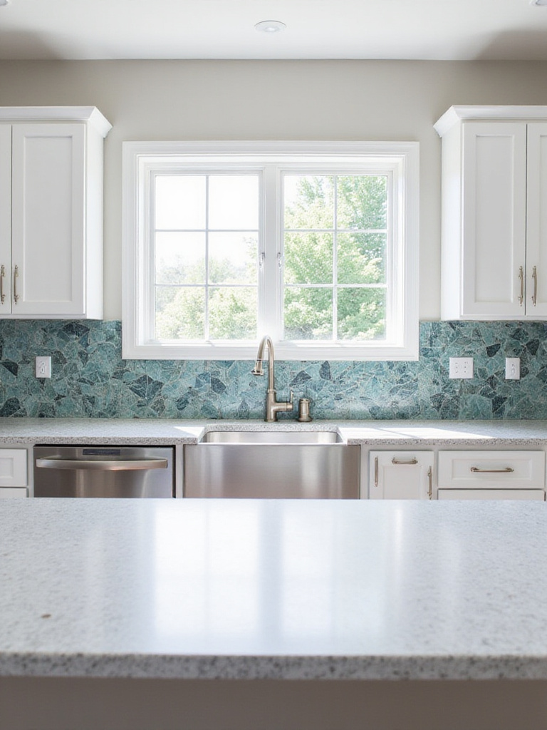 Modern kitchen with teal and gray geometric tile backsplash