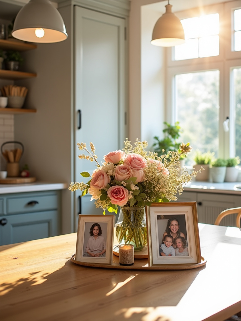 Kitchen table decor featuring framed family photos, flowers, and a candle