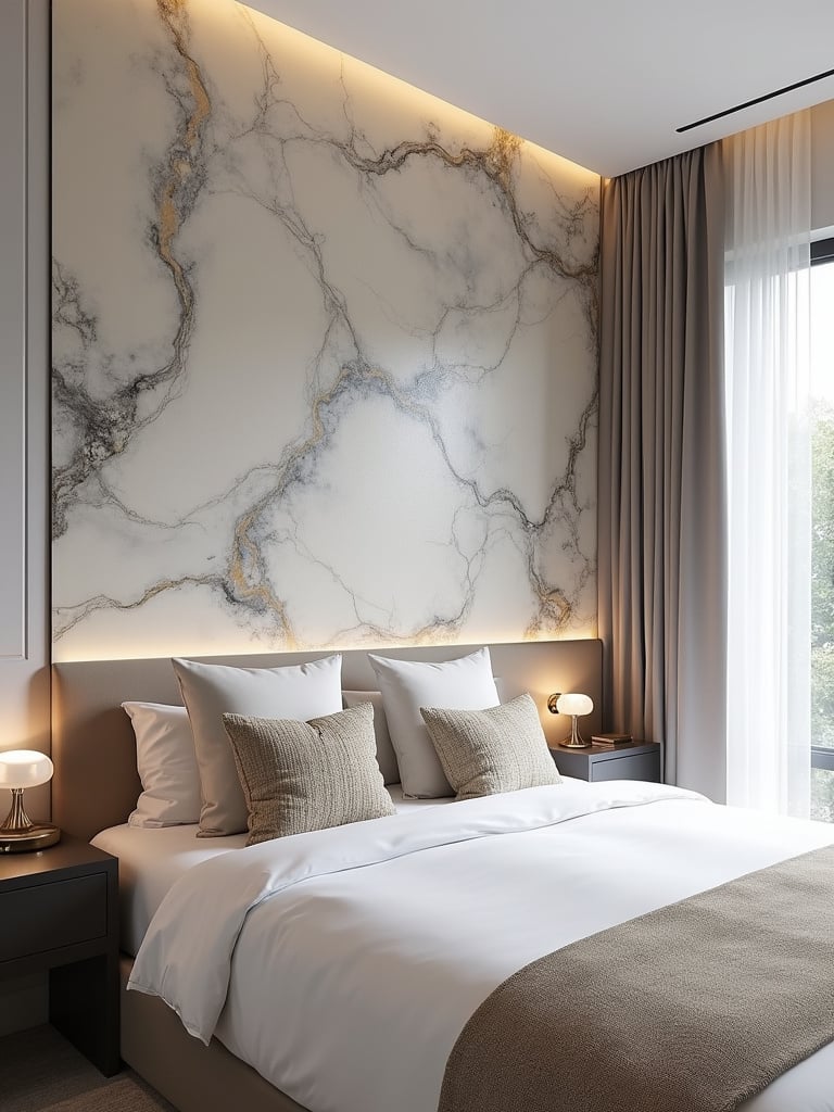 Modern bedroom with abstract marble effect wallpaper headboard accent wall