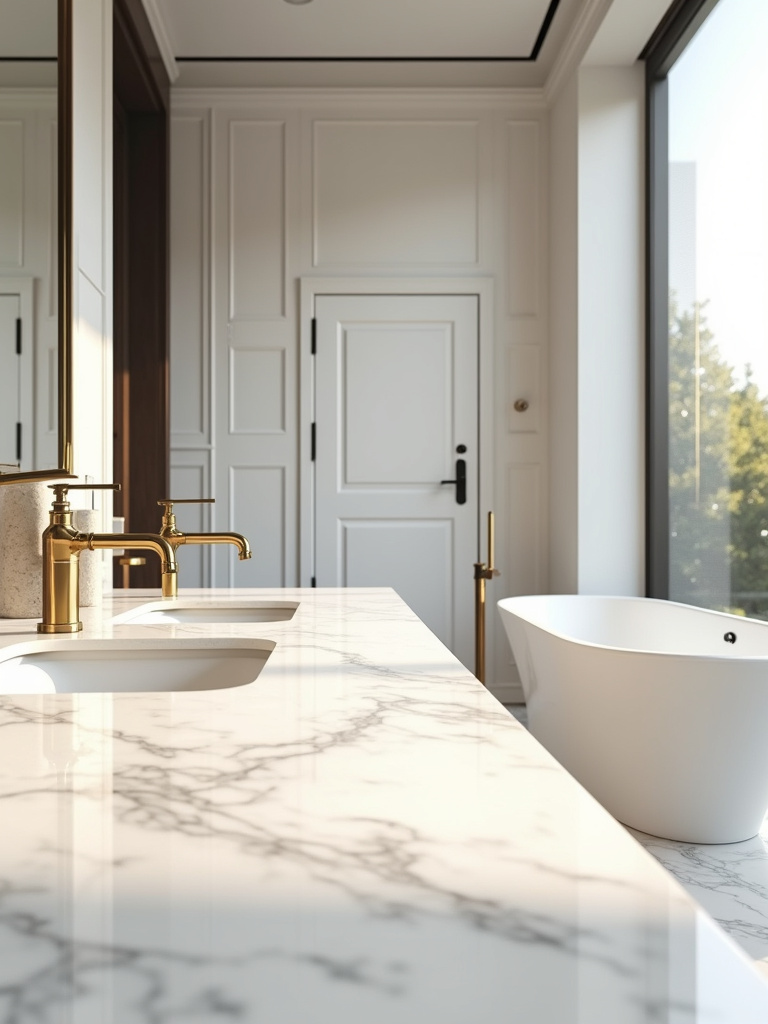 Luxurious bathroom with Calacatta marble countertop and brass fixtures