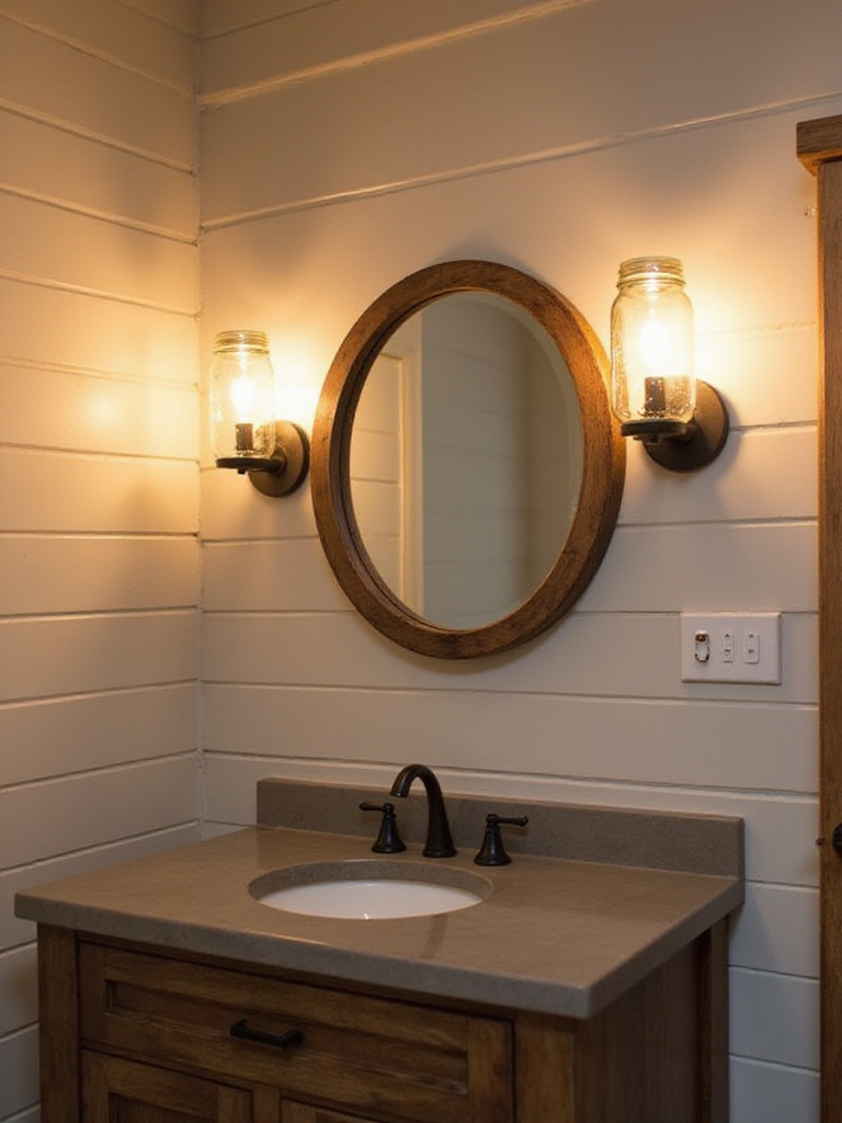 Rustic bathroom vanity with mason jar sconce lighting.