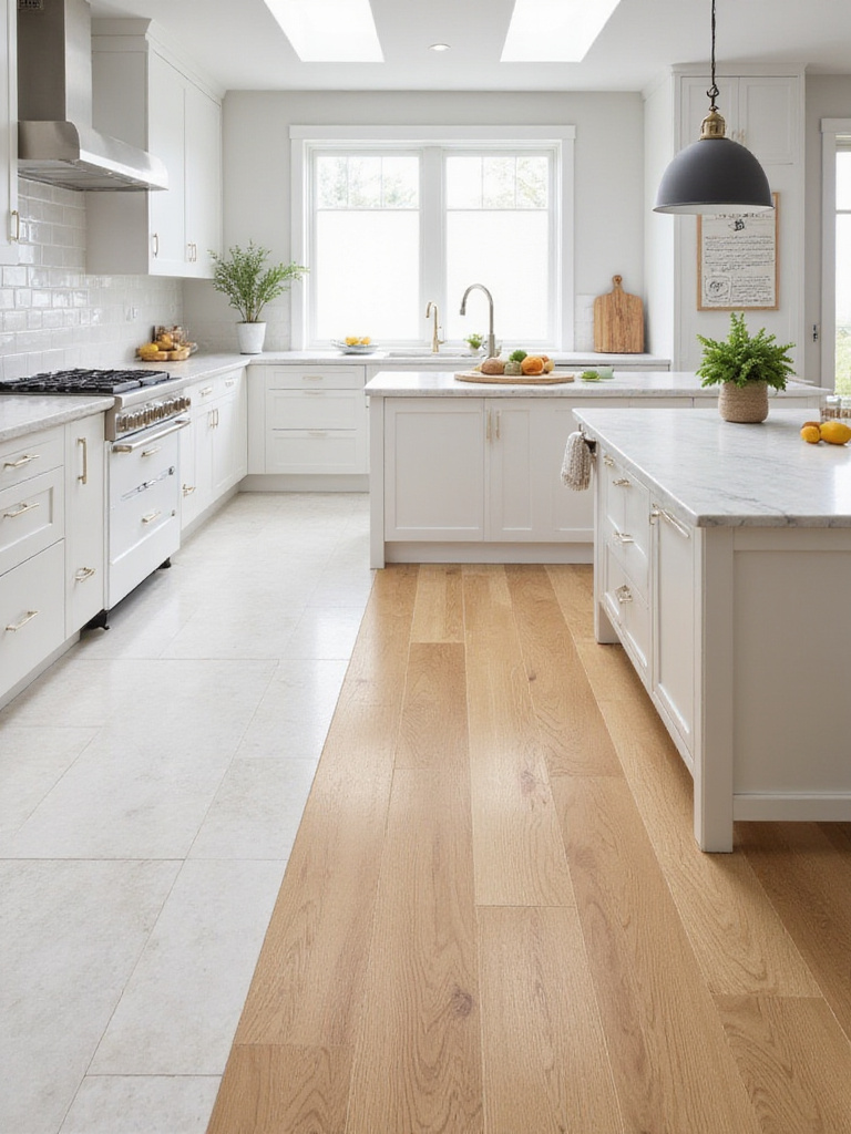 Modern kitchen featuring porcelain tile and luxury vinyl plank flooring