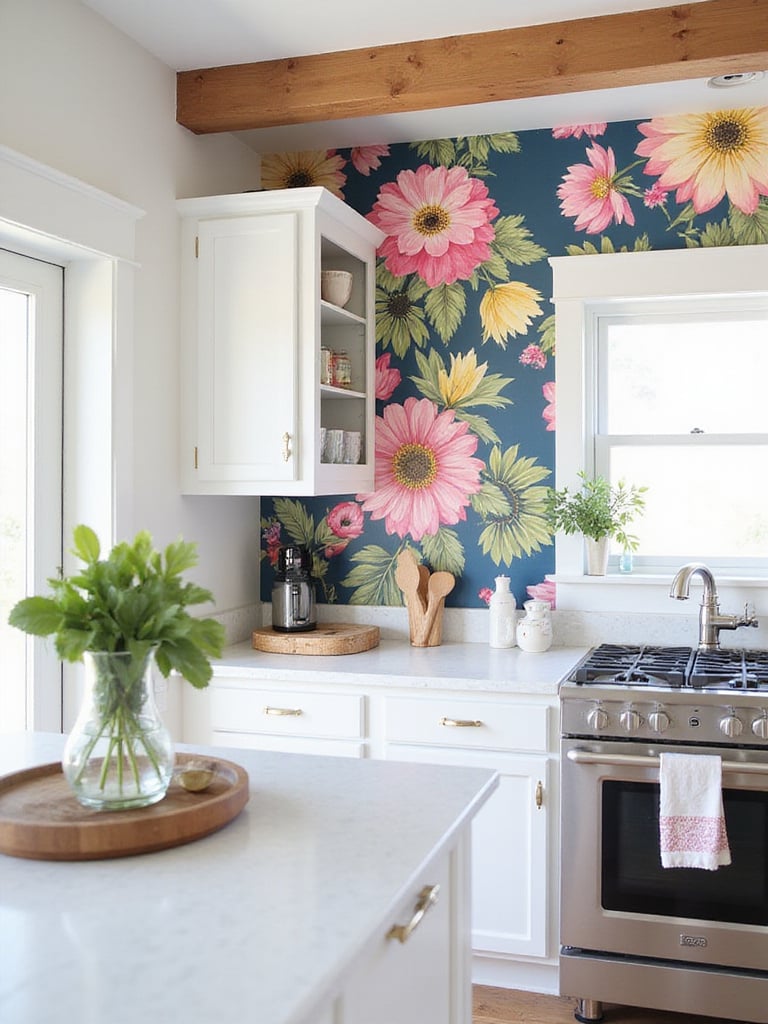 Kitchen with vibrant floral wallpaper accent wall