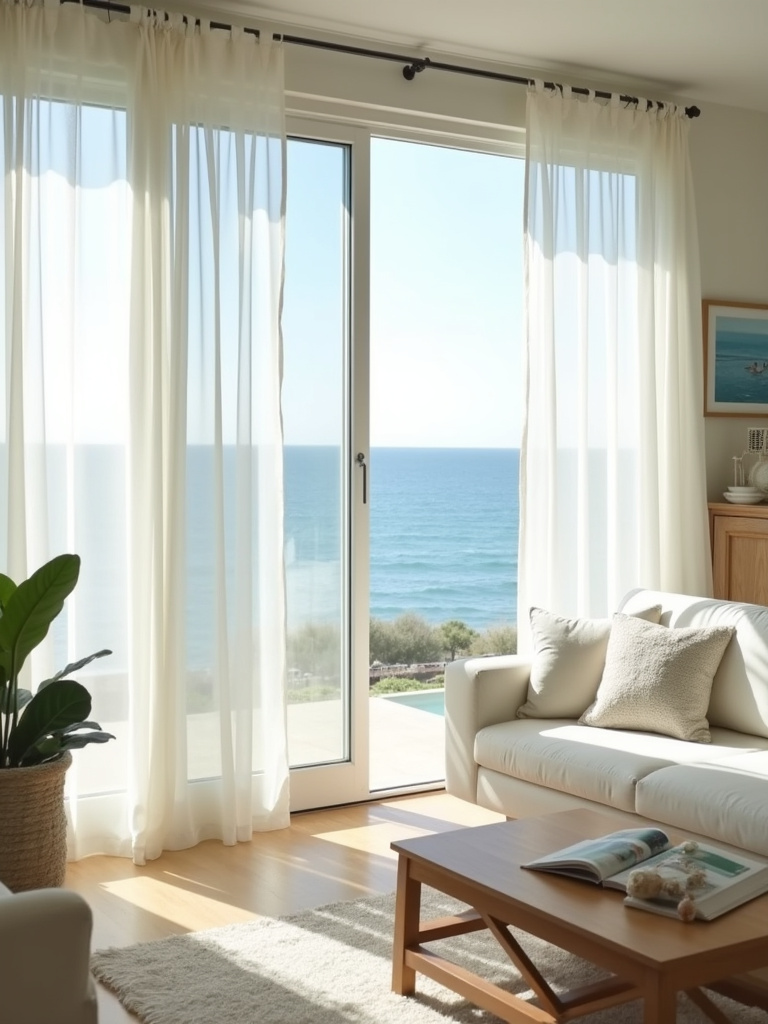 Coastal living room with large windows and sheer curtains maximizing natural light