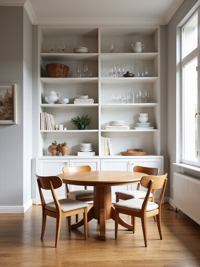 Small dining room featuring a tall, white shelving unit maximizing vertical storage.