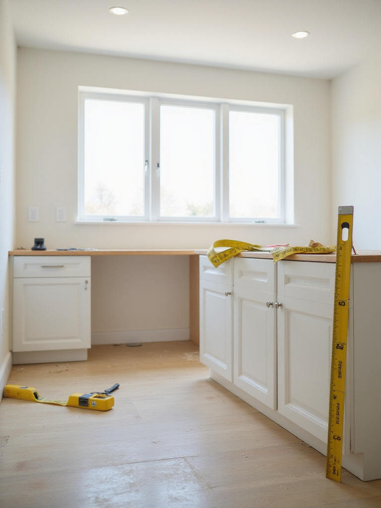 Measuring kitchen cabinets during a remodel to ensure accurate fit.