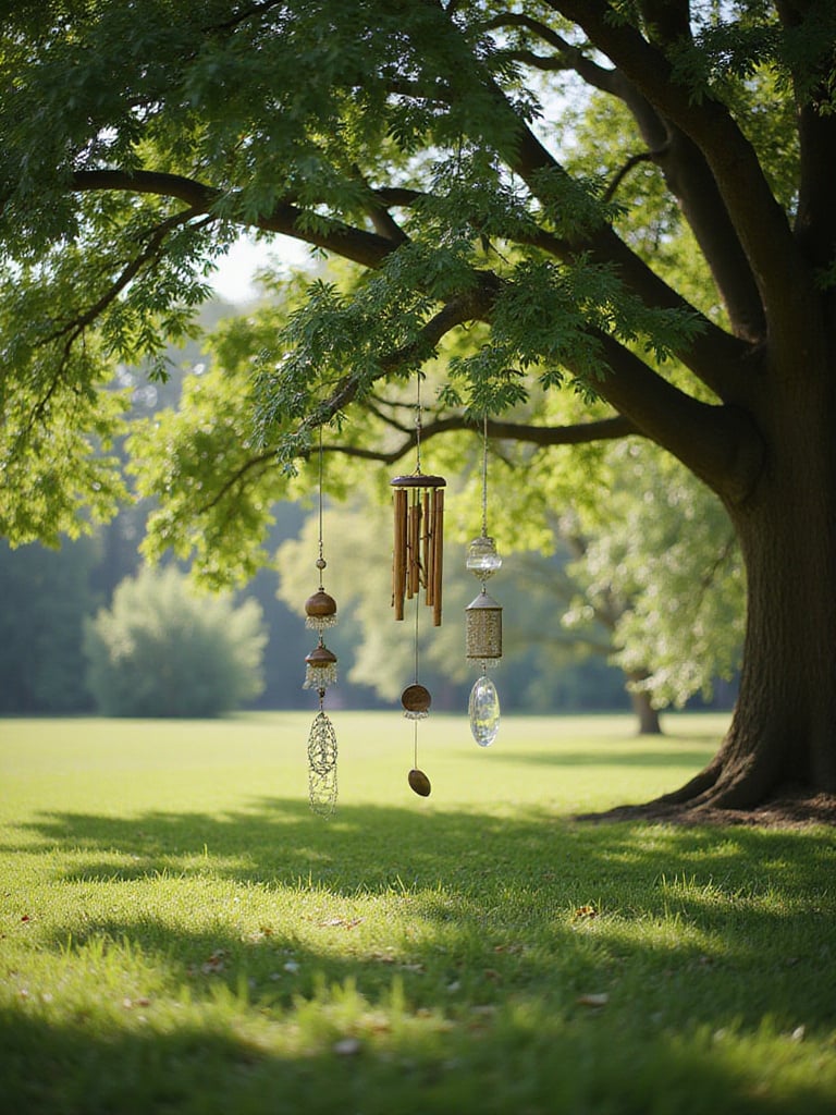 Wind chimes hanging from a tree in a peaceful garden setting