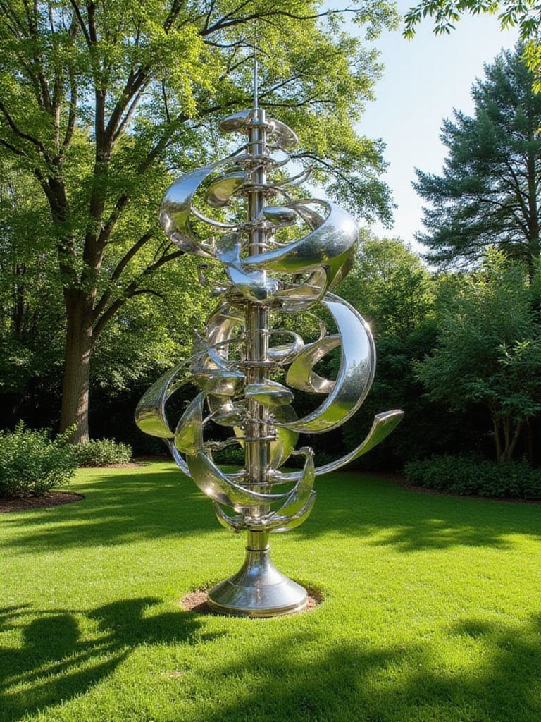 Stainless steel kinetic sculpture spinning in a green backyard
