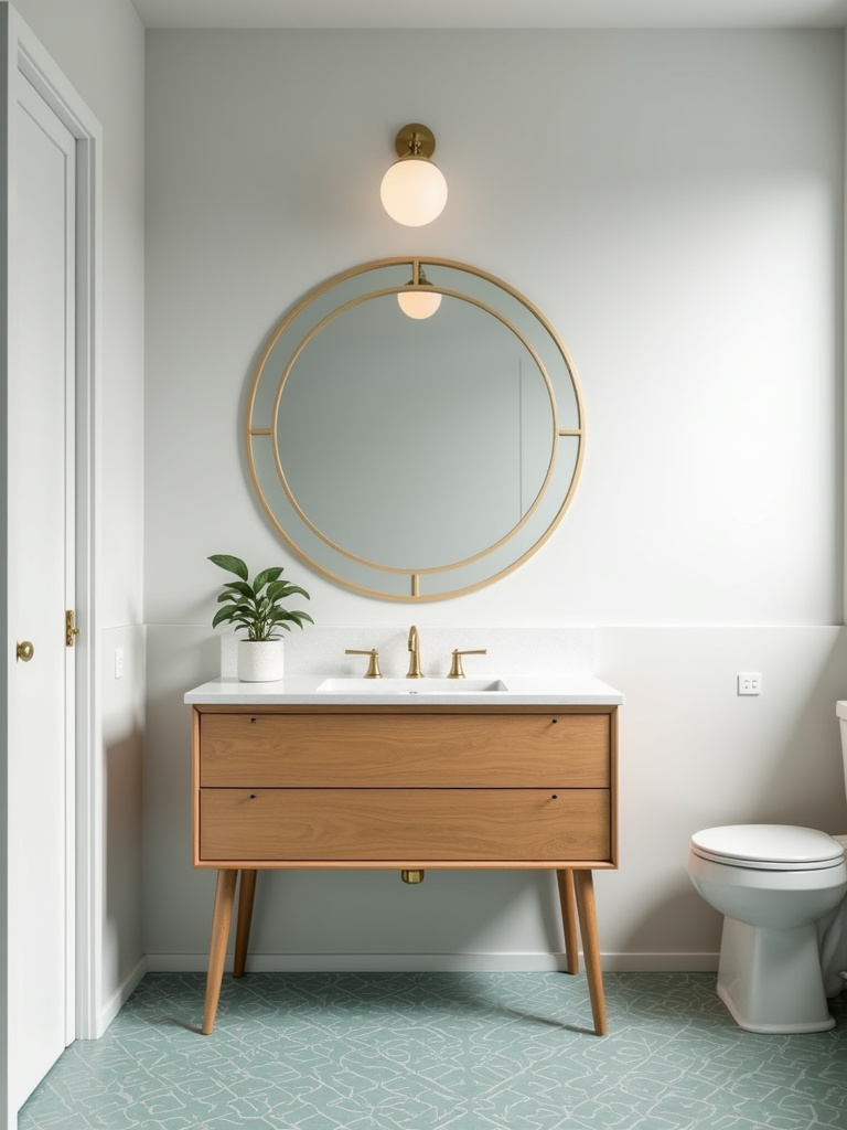 Mid-Century Modern Bathroom with Floating Vanity, Geometric Tile, and Round Mirror