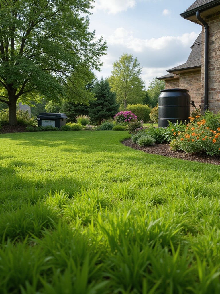 Eco-friendly lawn garden with rain barrel, compost bin, and wildflower pollinator patch.