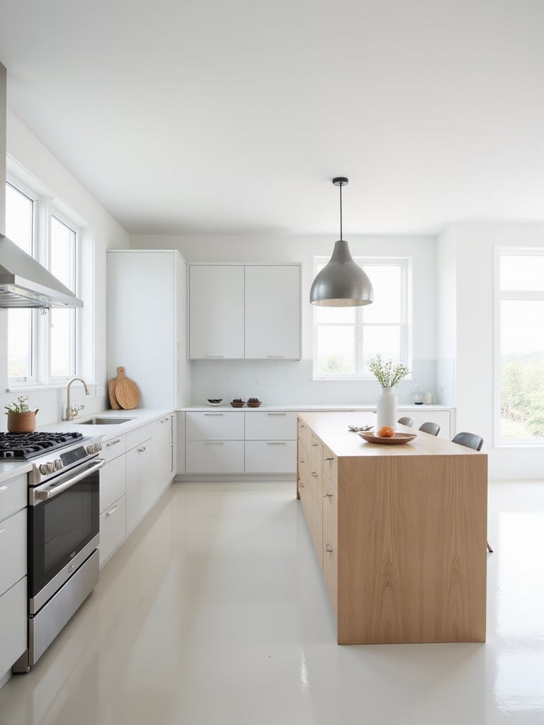 Modern minimalist kitchen with white cabinets, light wood island, and stainless steel appliances.