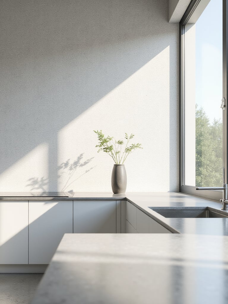 Minimalist kitchen featuring subtle gray grasscloth wallpaper adding texture to a clean, modern space.