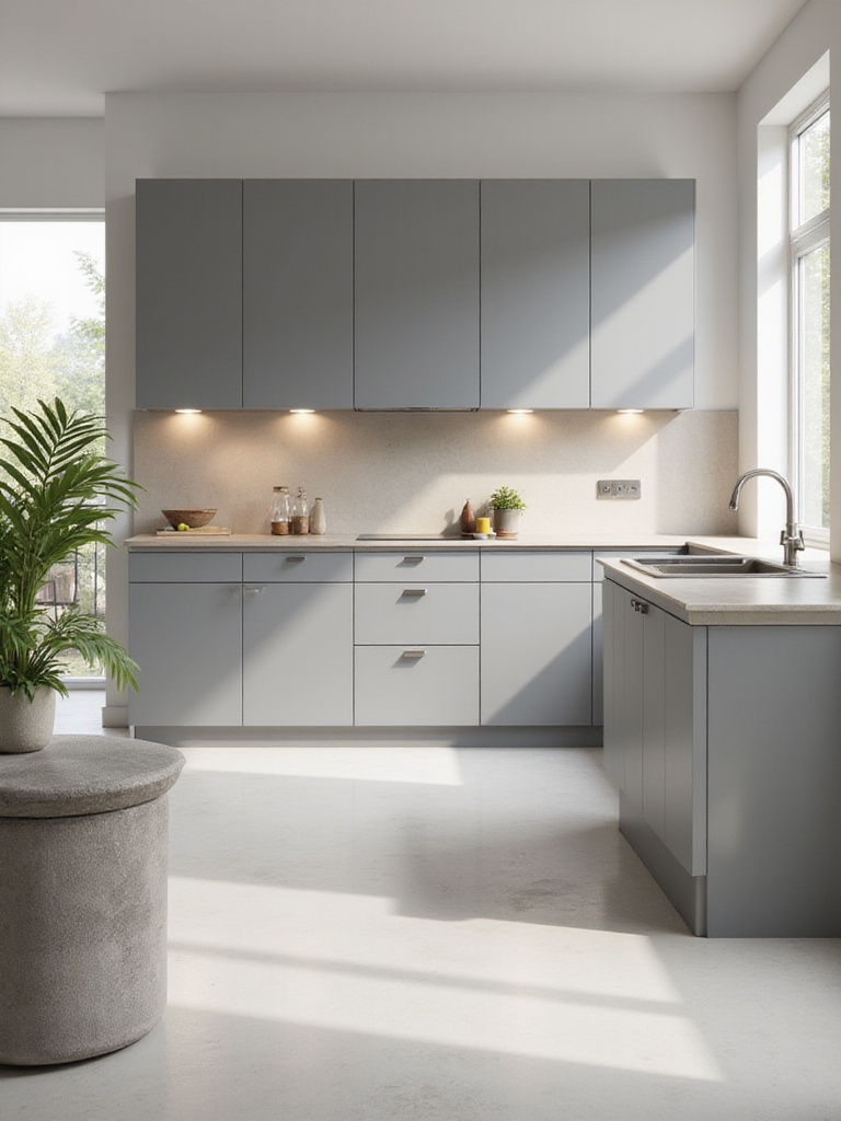 Modern kitchen with sleek, handleless gray cabinets and light quartz countertops.