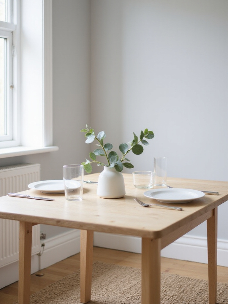 Minimalist dining table setting with white plates, stainless steel cutlery, and a single eucalyptus stem in a small vase.