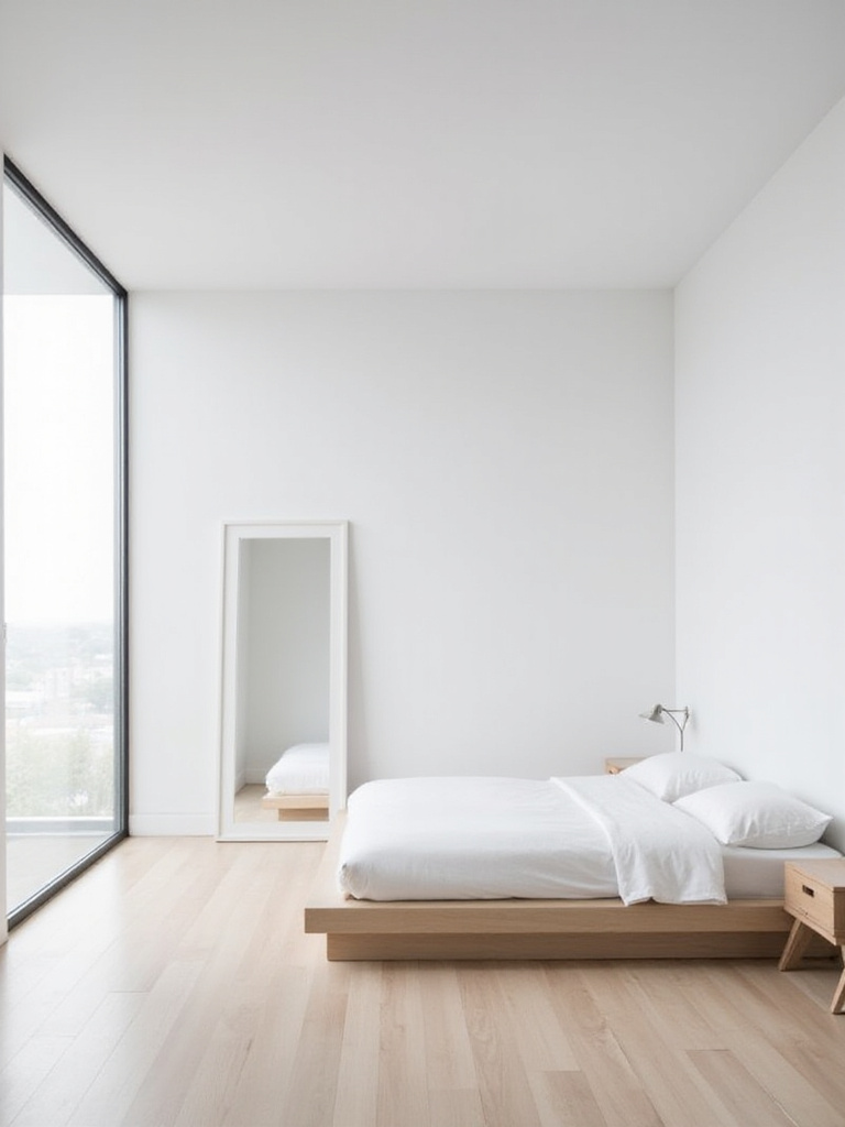 Minimalist bedroom with a large frameless mirror reflecting natural light and creating the illusion of more space.