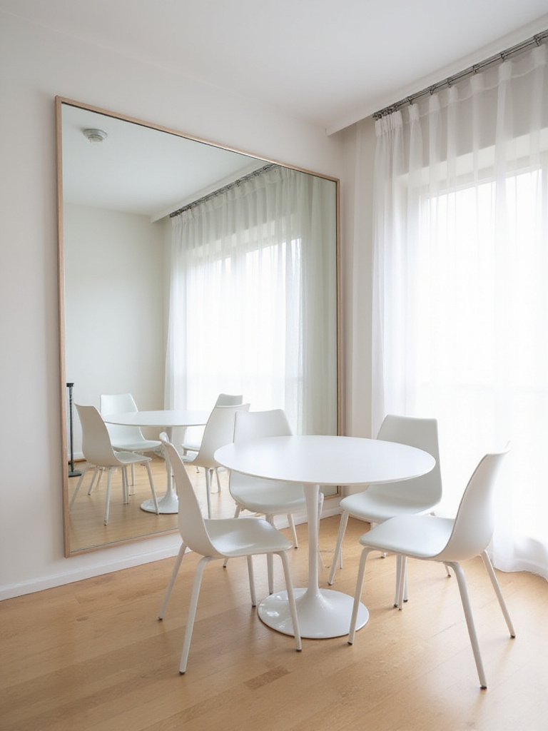 Small dining room with a large mirror creating the illusion of more space