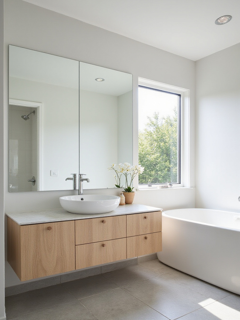 Small bathroom with large frameless mirror reflecting natural light and creating an illusion of space.