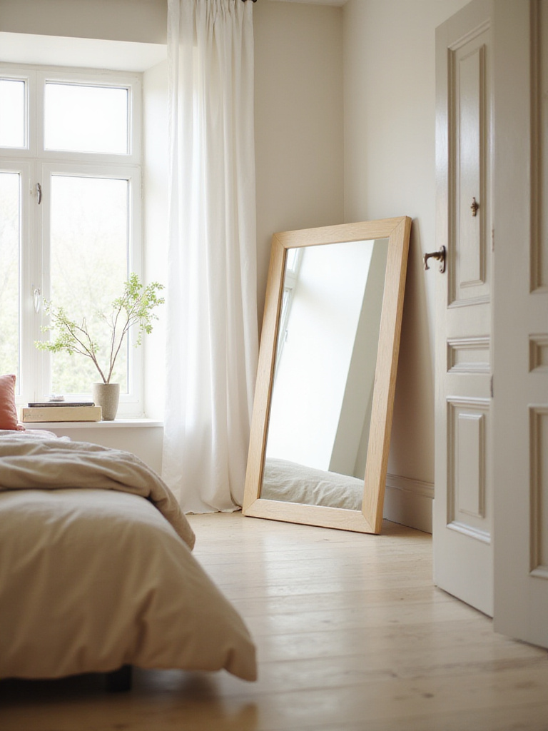 Bedroom with large mirror reflecting light and creating a sense of spaciousness