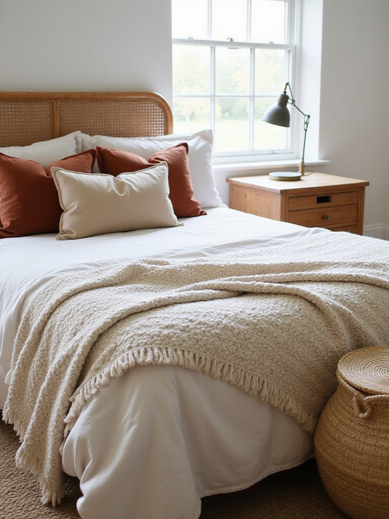 Bedroom with mixed textures: linen bedding, velvet pillows, rattan headboard, wooden nightstand, jute rug.