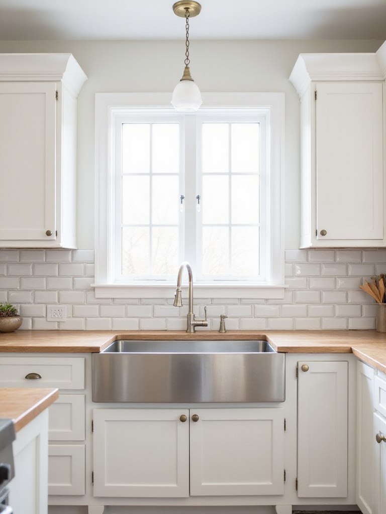 Farmhouse kitchen backsplash featuring long white subway tiles with light gray grout.