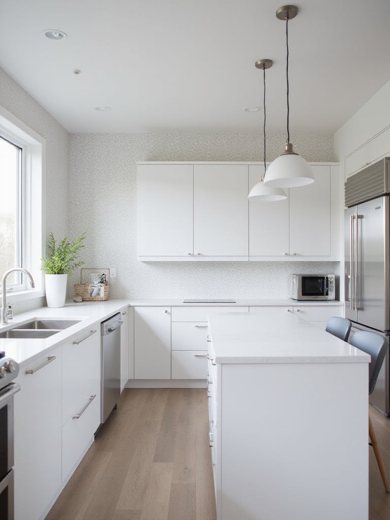Modern kitchen with light gray geometric wallpaper, white cabinets, and stainless steel appliances