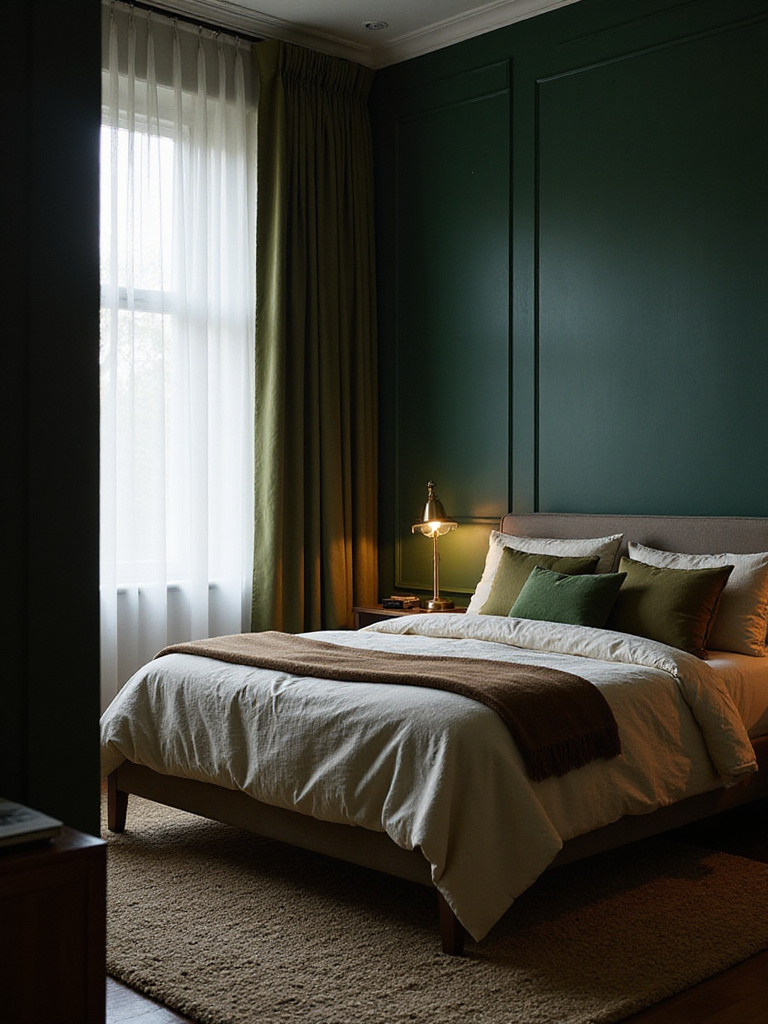 Moody forest green bedroom with brass accents and natural textures.