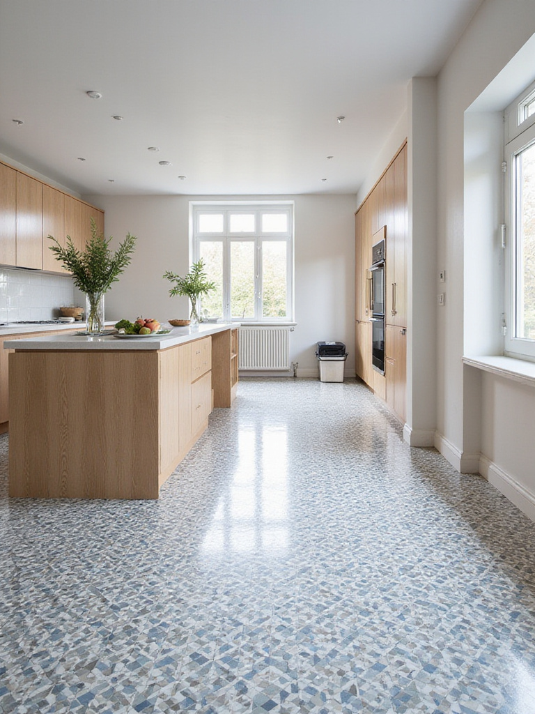 Modern kitchen floor with intricate geometric mosaic tile pattern in grey, white, and blue.