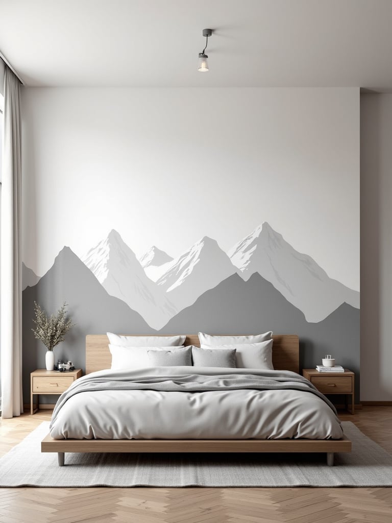 Modern bedroom with minimalist grey and white mountain mural wallpaper
