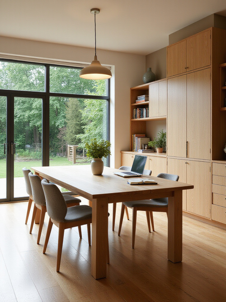 Modern dining room doubling as a home office with light wood table and built-in storage.