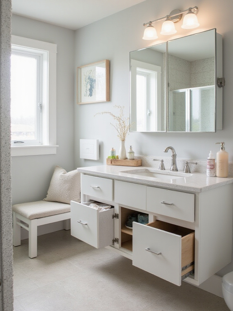 Small bathroom with multi-functional vanity, medicine cabinet, and shower bench