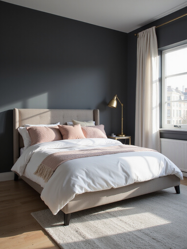 Charcoal gray bedroom with white linens and gold accents