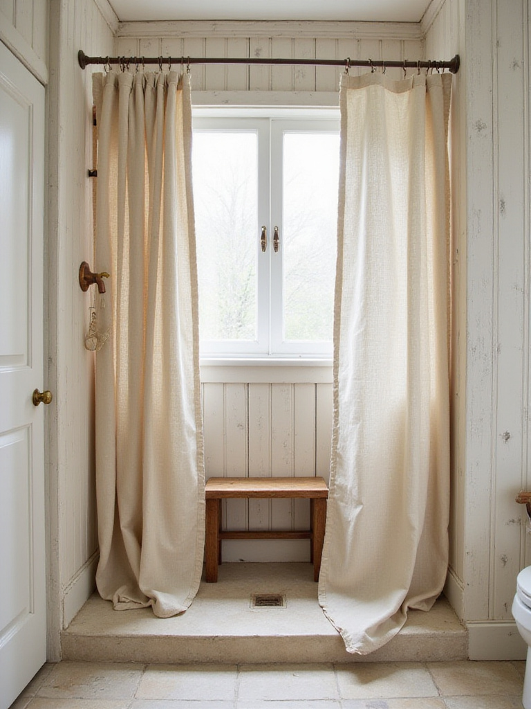 Rustic bathroom featuring a natural linen shower curtain.