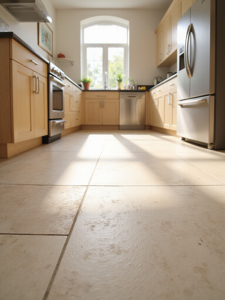 Elegant kitchen with natural travertine stone flooring