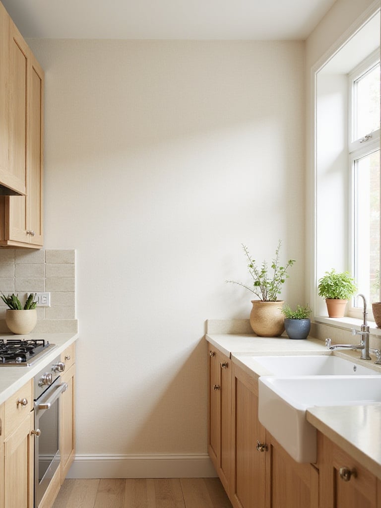 Kitchen with natural wood cabinets and cream linen effect wallpaper creating a warm and organic atmosphere.