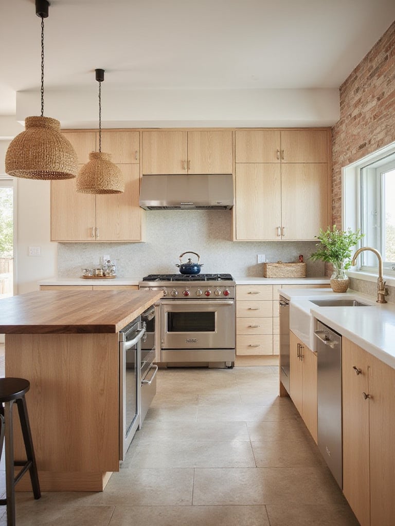 Modern kitchen featuring natural wood cabinets and walnut island countertop.
