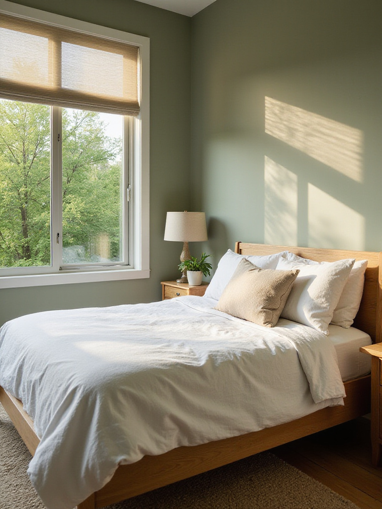 Sage green bedroom with natural light and minimalist decor.
