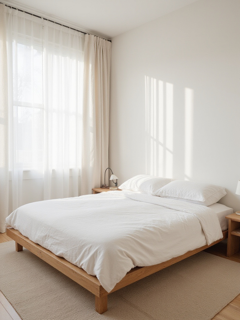 Minimalist bedroom with wood bed and linen bedding