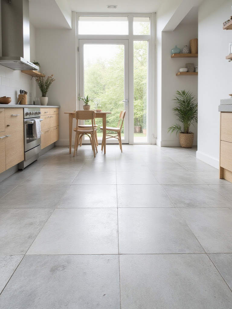Modern kitchen with light gray porcelain tile flooring