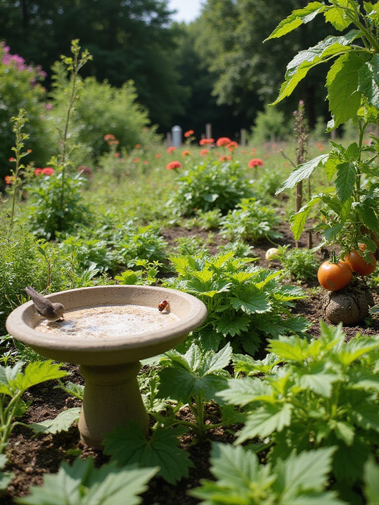 Healthy garden with natural pest control methods: bird bath, ladybug, and diatomaceous earth.