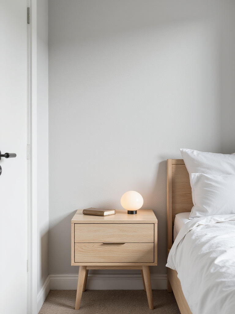 Minimalist bedroom nightstand with a lamp and book