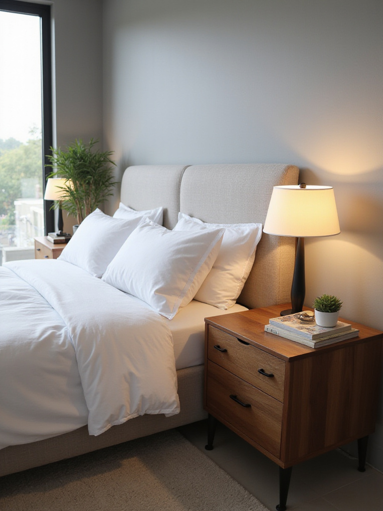 Bedroom with matching walnut nightstands, lamps, and books.