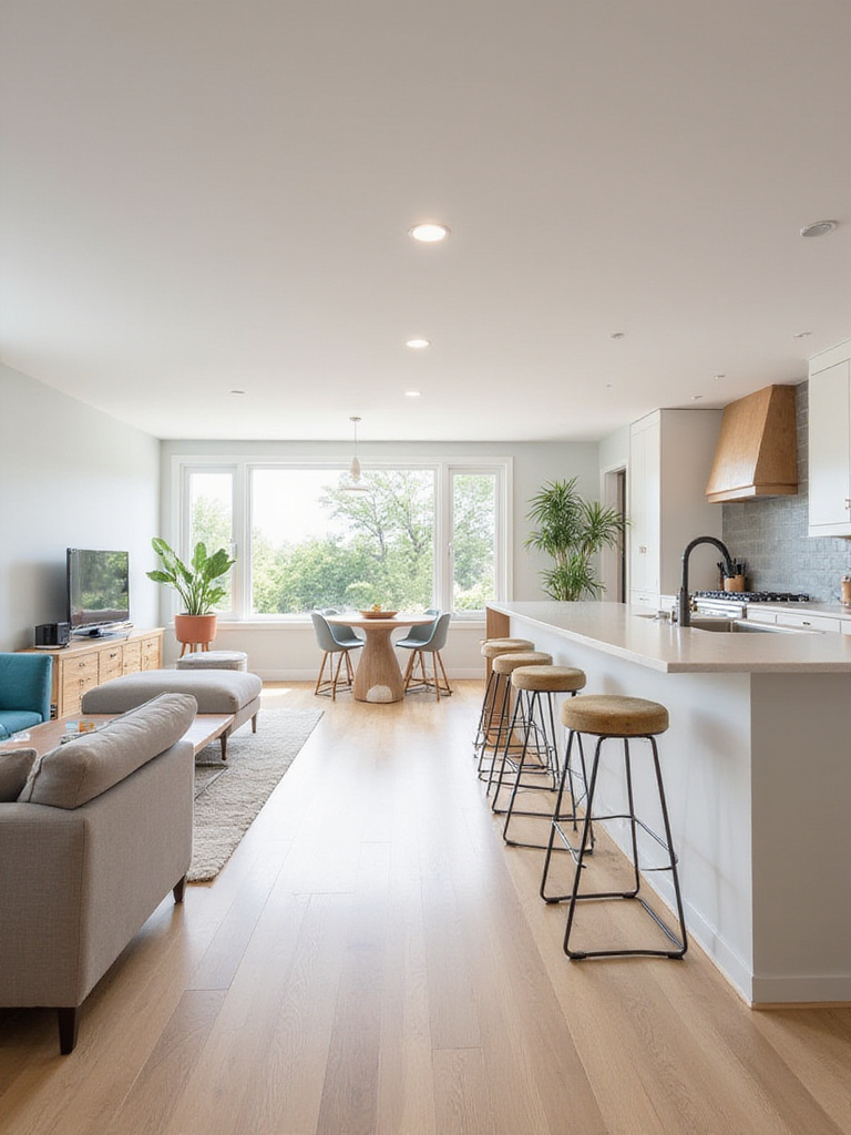 Bright and airy open-concept kitchen and living room with island seating.