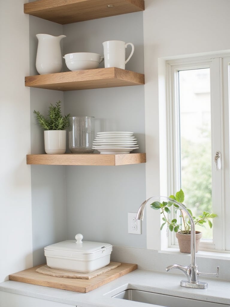 Modern kitchen with light oak open shelving displaying white dishes, glassware, and herbs.