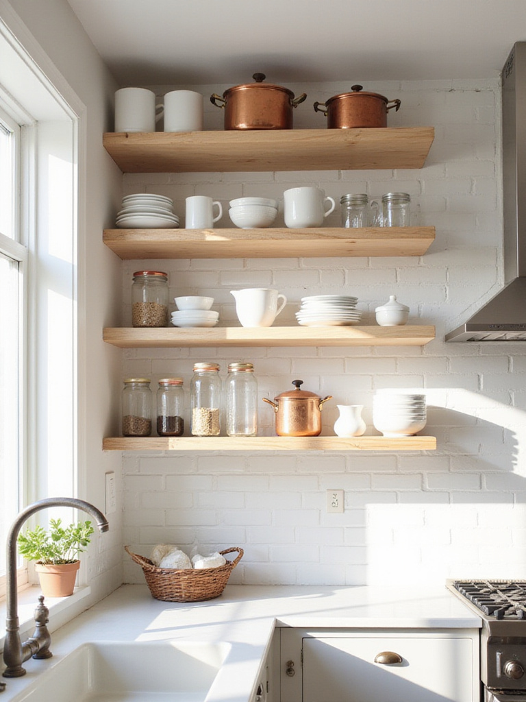 Modern farmhouse kitchen with open shelving displaying dishes, pots, and herbs.