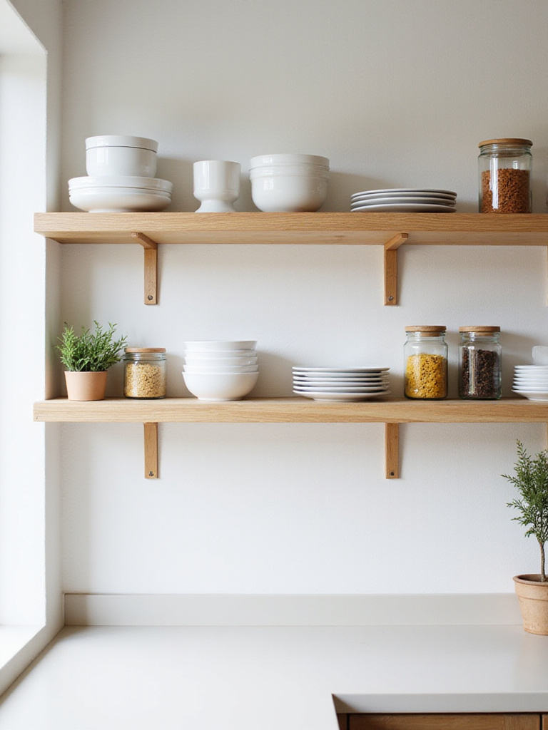 Modern kitchen with open wooden shelving displaying dishes, spices, and herbs.