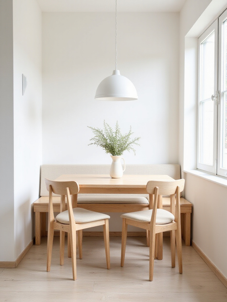 Small dining room with light wood table, modern chairs, and space-saving bench seating.