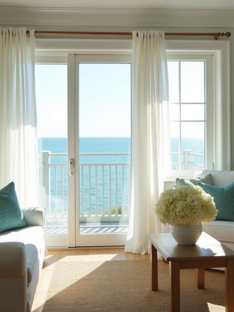 Light and airy coastal living room with sheer linen curtains allowing natural light to fill the space.