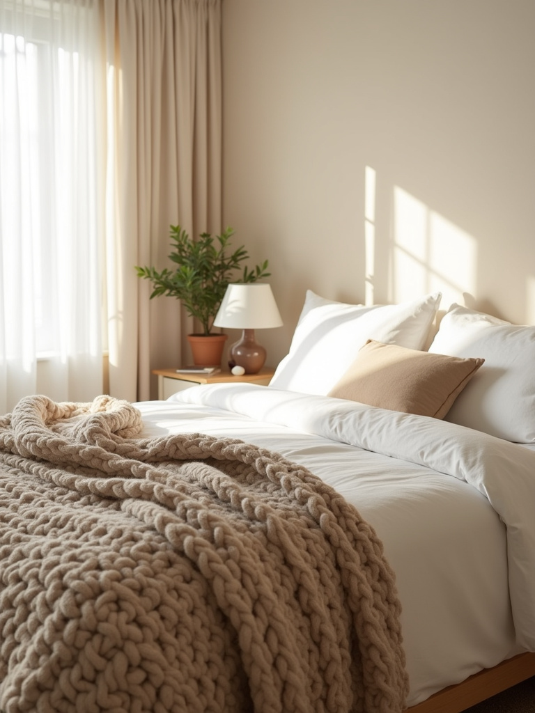 Beige bedroom with chunky knit blanket for extra warmth