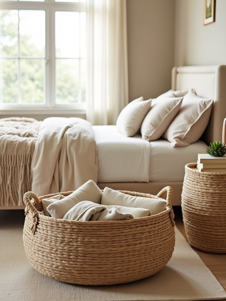 Beige bedroom with woven baskets for stylish organization.